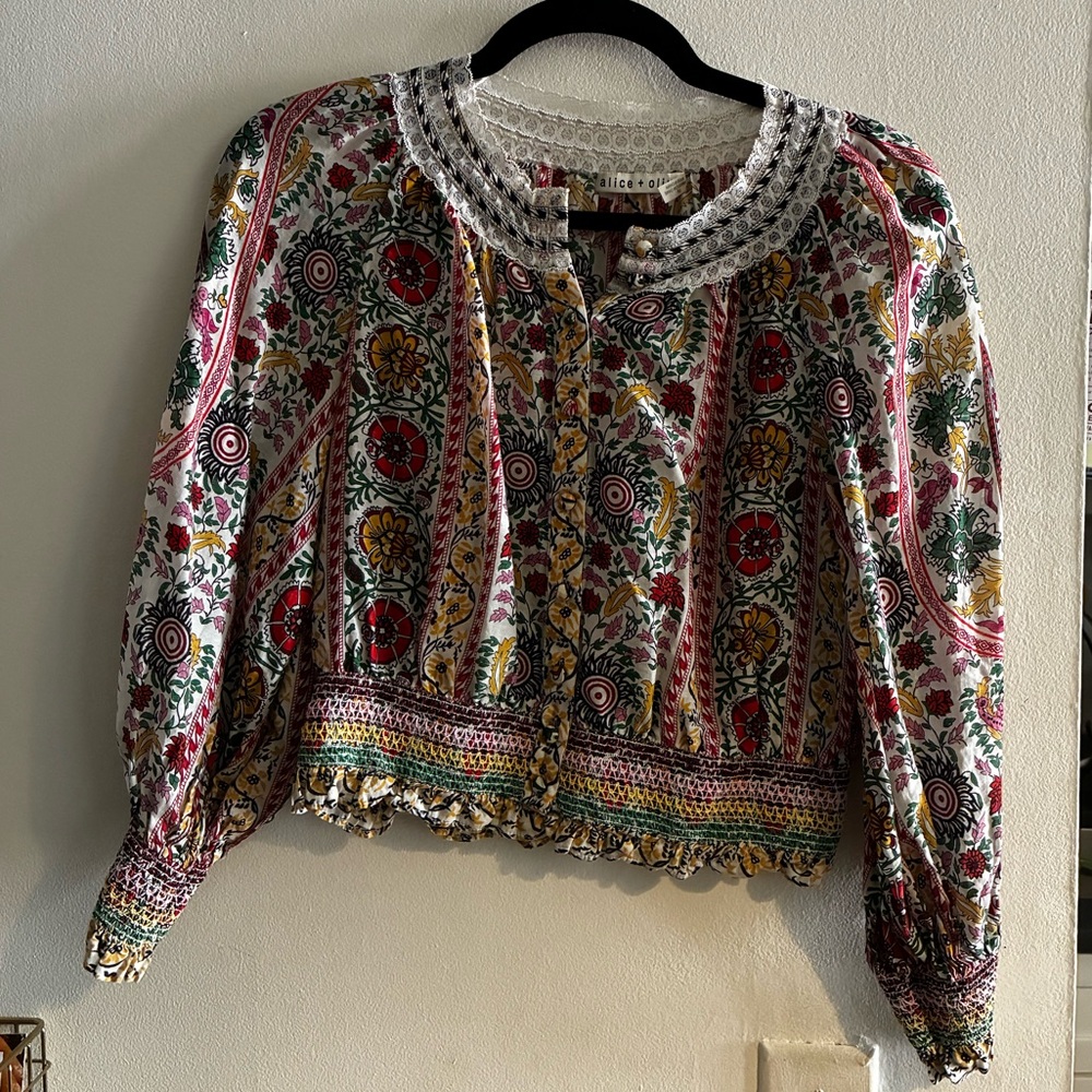 Alice + Olivia Multicolor Floral Embroidered Peasant Blouse